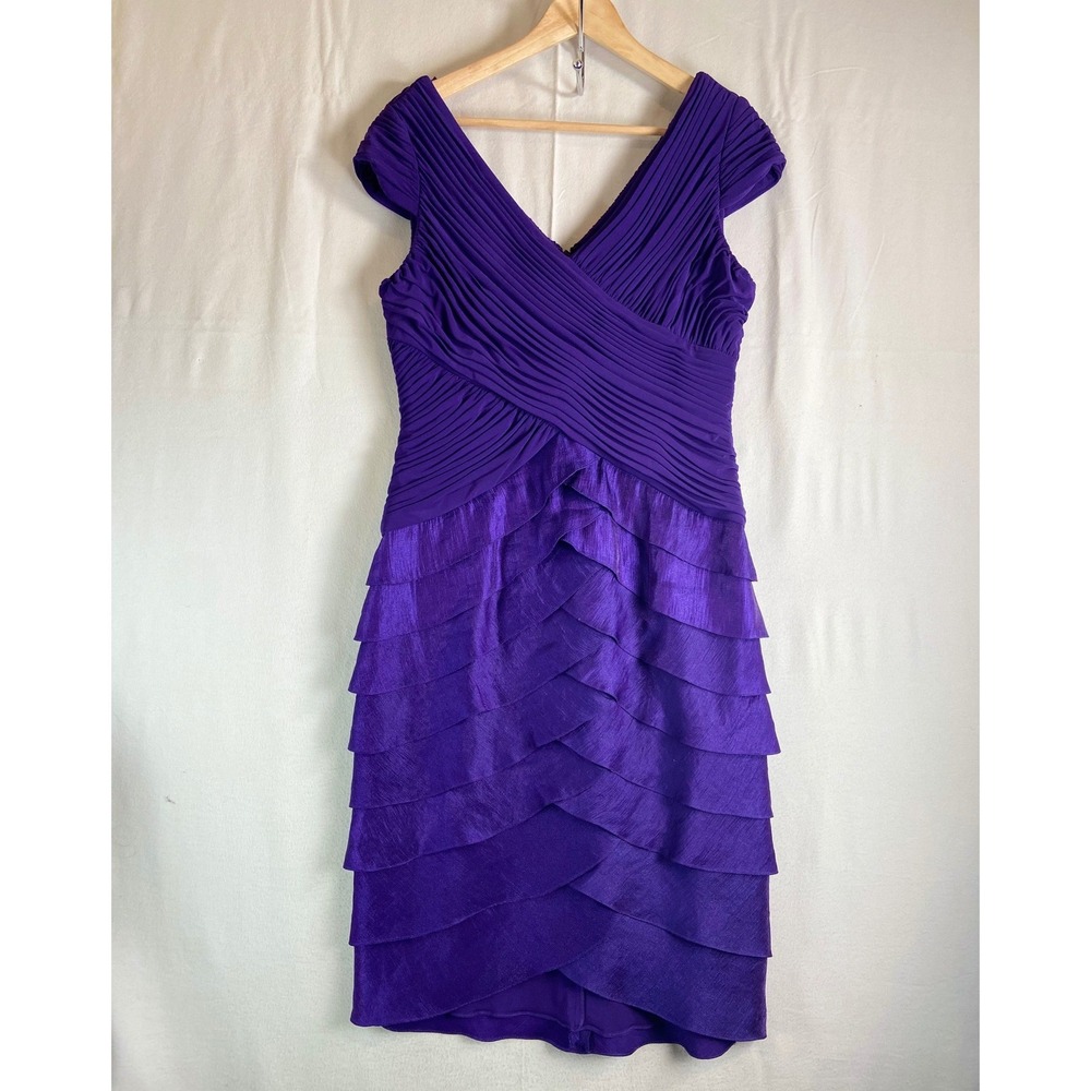 Adrianna Papell Purple Pleated Tiered Ruffle Sheath Cocktail Dress Size 12